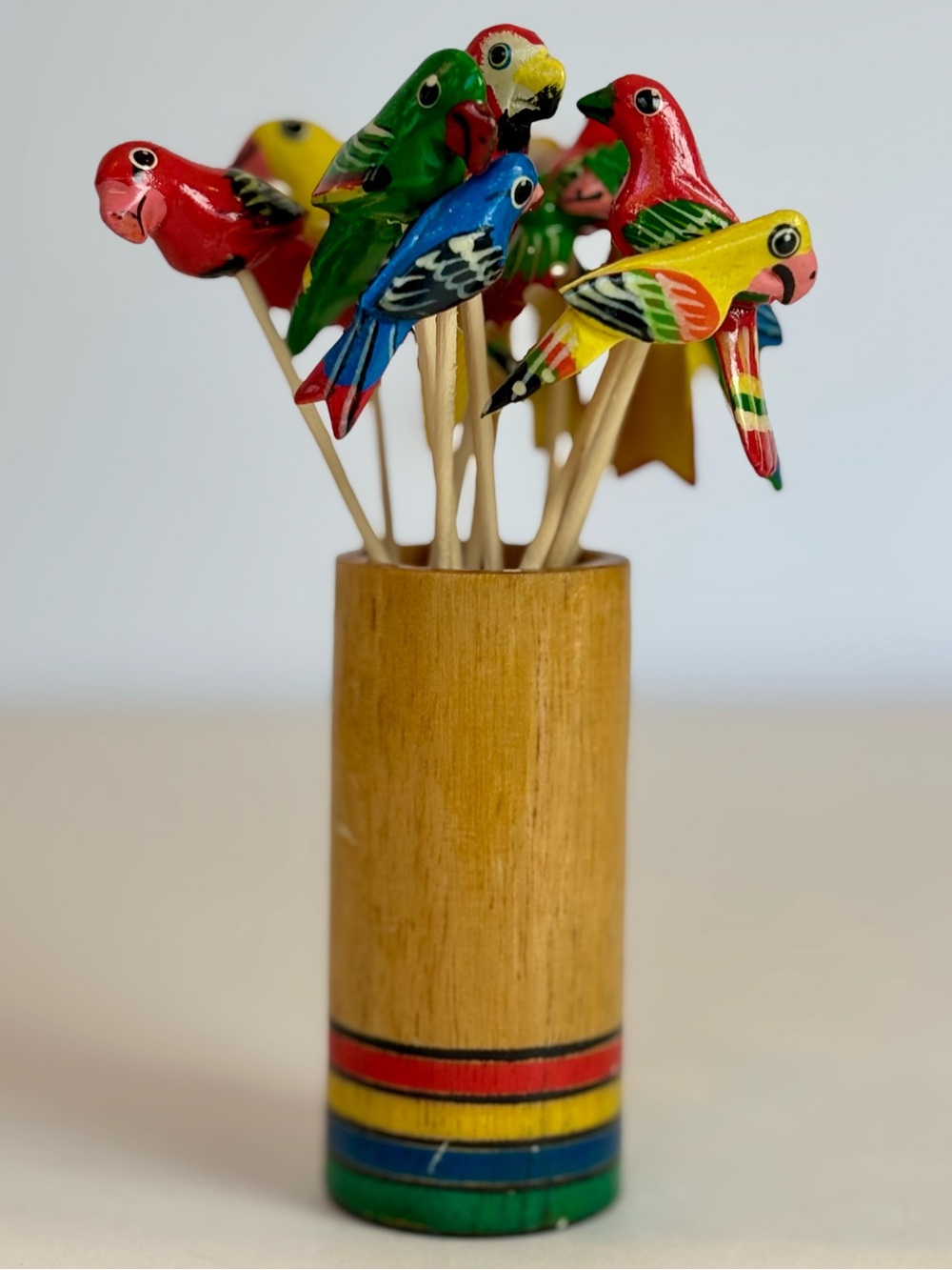 Hand-Painted Wooden Parrot Cocktail Picks with Bamboo Holder Set of 12 Tropical